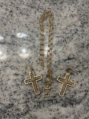 Gold Cross Pendant Necklace and Earrings Set